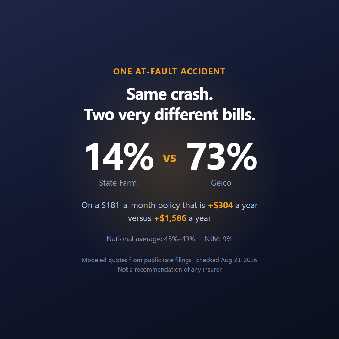 The same at-fault accident priced at a 14 percent average increase by State Farm and 73 percent by Geico, with the dollar difference on a $181-a-month policy