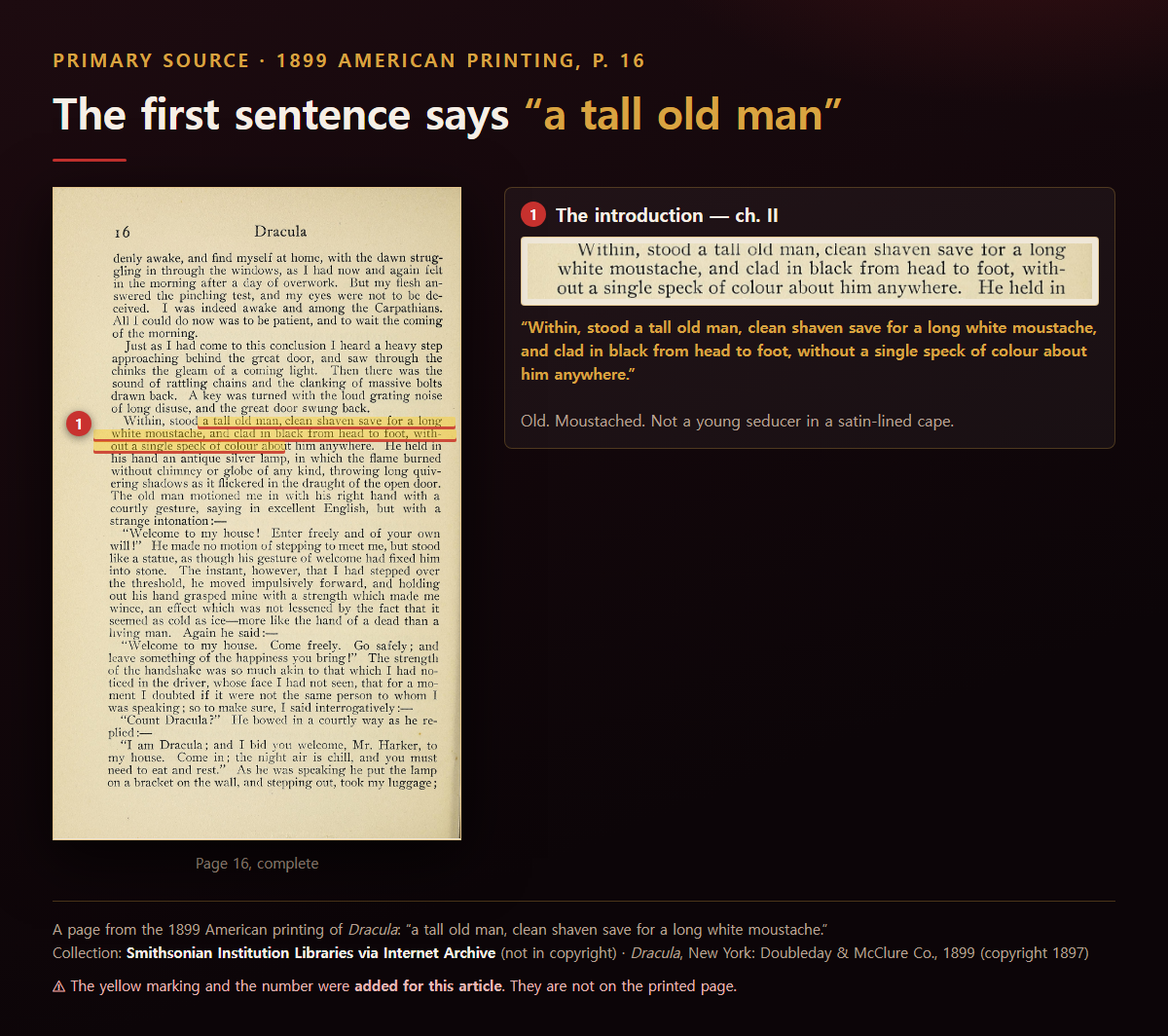 Page 16 of the 1899 American printing of Dracula, carrying the printed line "a tall old man, clean shaven save for a long white moustache." Smithsonian Institution Libraries / Internet Archive, public domain