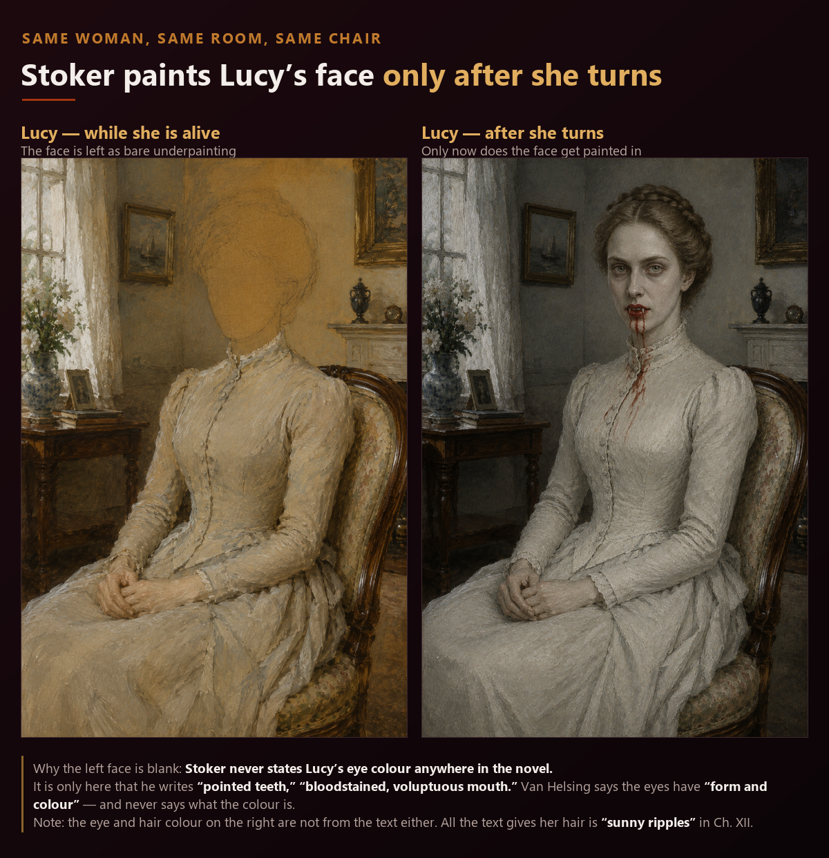 Two portraits of Lucy Westenra in the same room, the same chair, the same dress and the same pose. On the left she is alive and her face is blank; on the right she has turned, with pointed teeth, a bloodstained mouth and blood running down her chin onto the white shroud