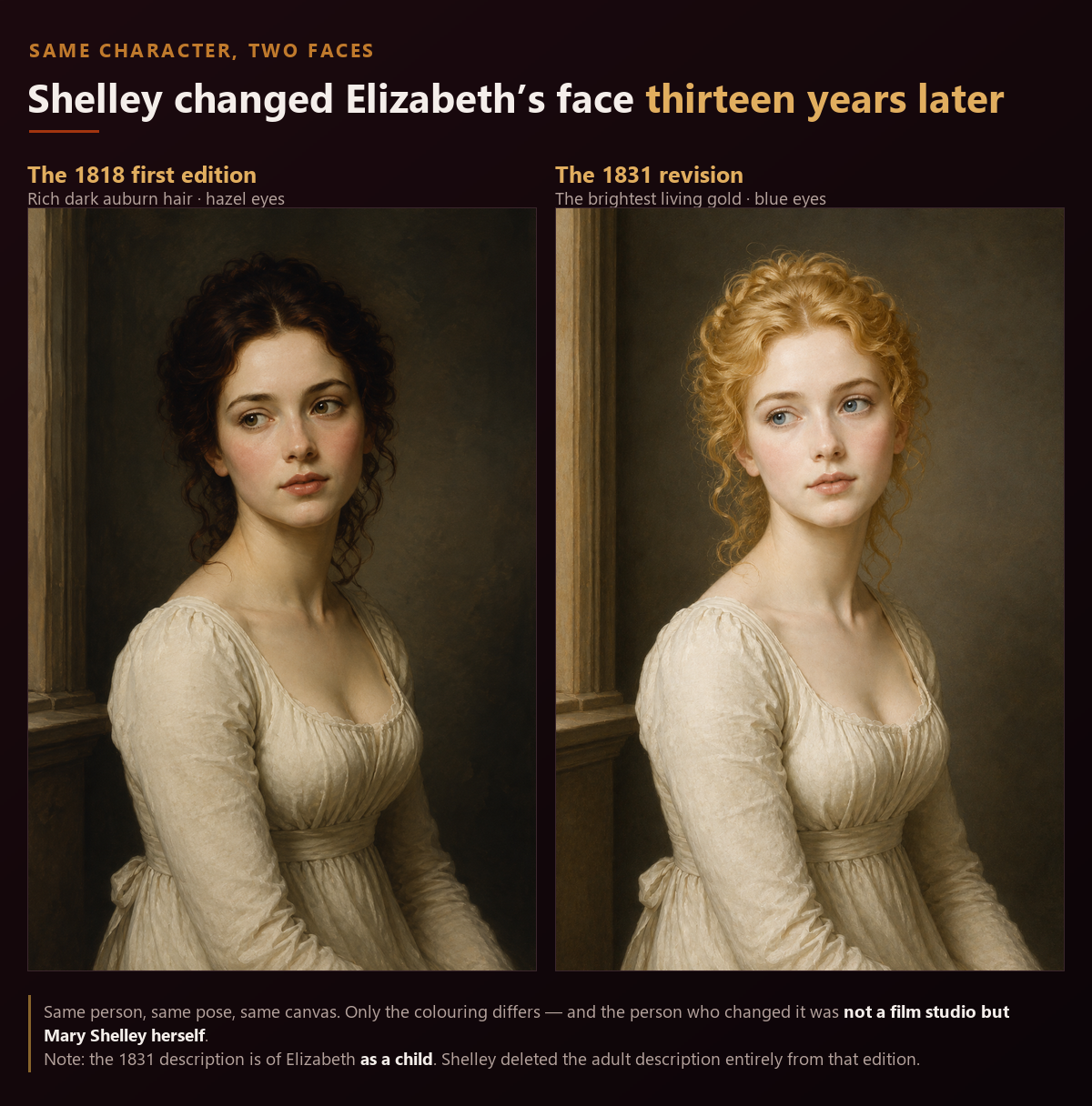 Two portraits of Elizabeth Lavenza side by side. Same person, same pose: in the 1818 first edition her hair is rich dark auburn and her eyes hazel, and in the 1831 revision her hair is the brightest living gold and her eyes blue. Mary Shelley made the change herself