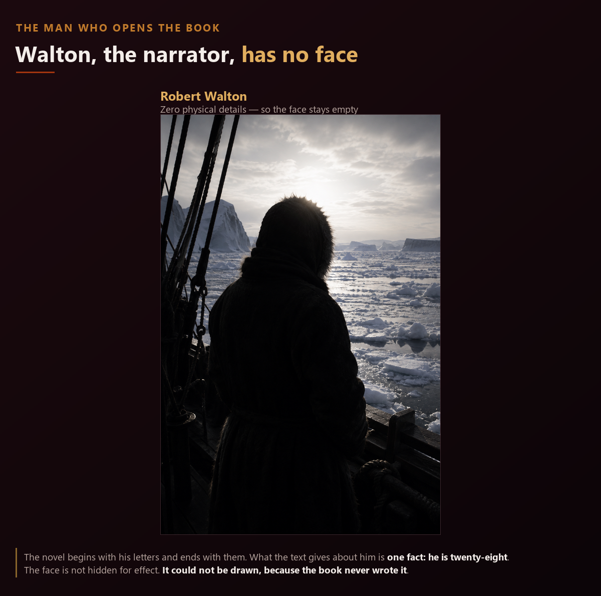 Portrait of Robert Walton. He opens and closes the novel, yet the text gives no physical description at all, so the face is left empty: a figure seen from behind against polar ice, features erased by a fur hood and backlight