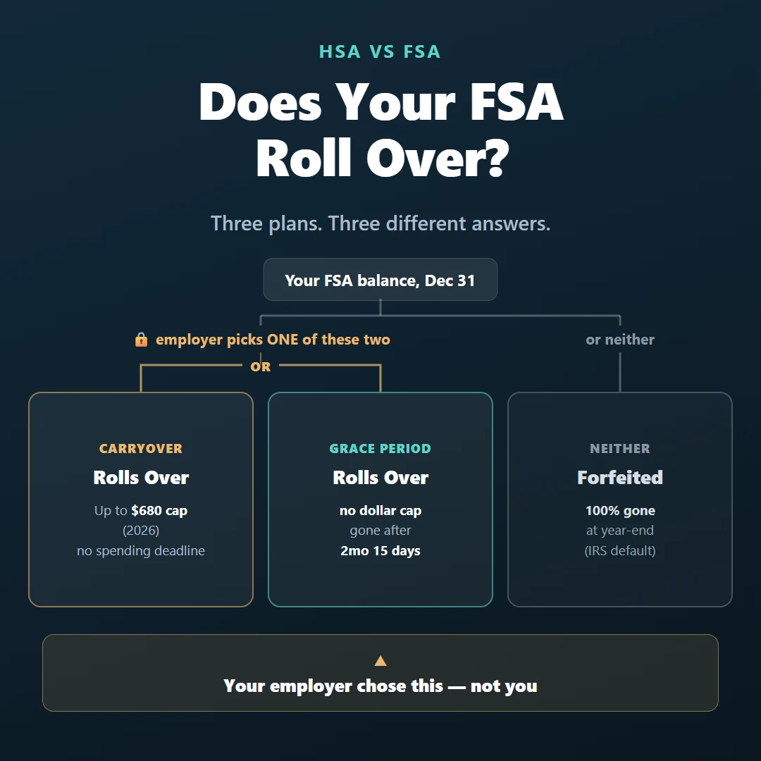 Three-way fork showing FSA carryover with a $680 cap, a grace period with no cap but a 2-month-15-day deadline, or forfeiture, chosen by the employer