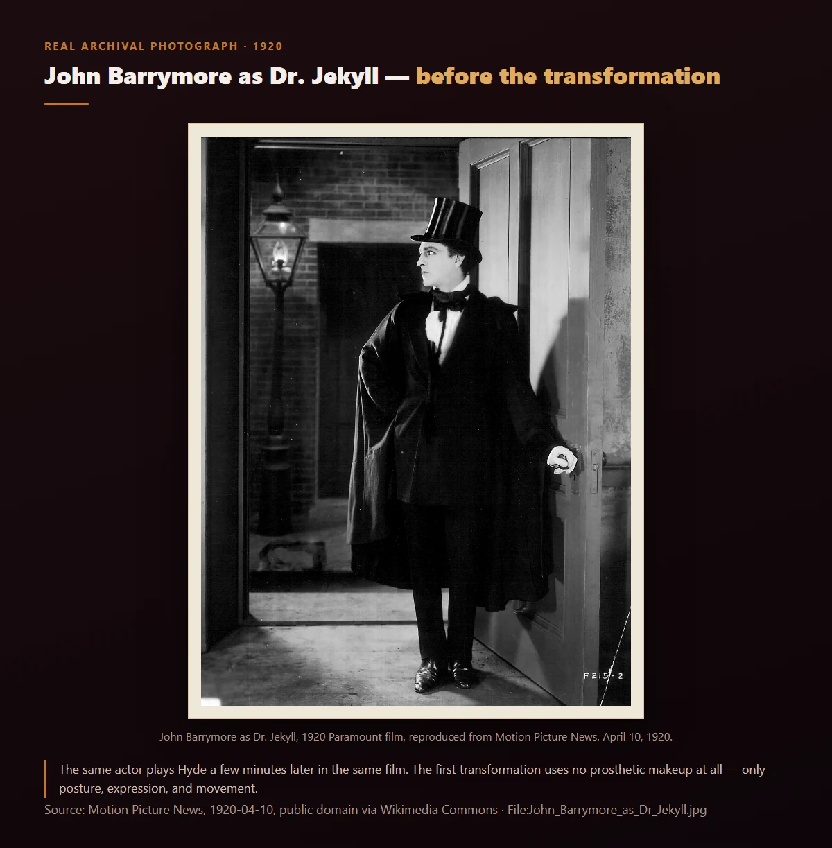 Real archival photograph: John Barrymore as Dr. Jekyll in the 1920 Paramount film, reproduced from a 1920 issue of Motion Picture News, public domain via Wikimedia Commons