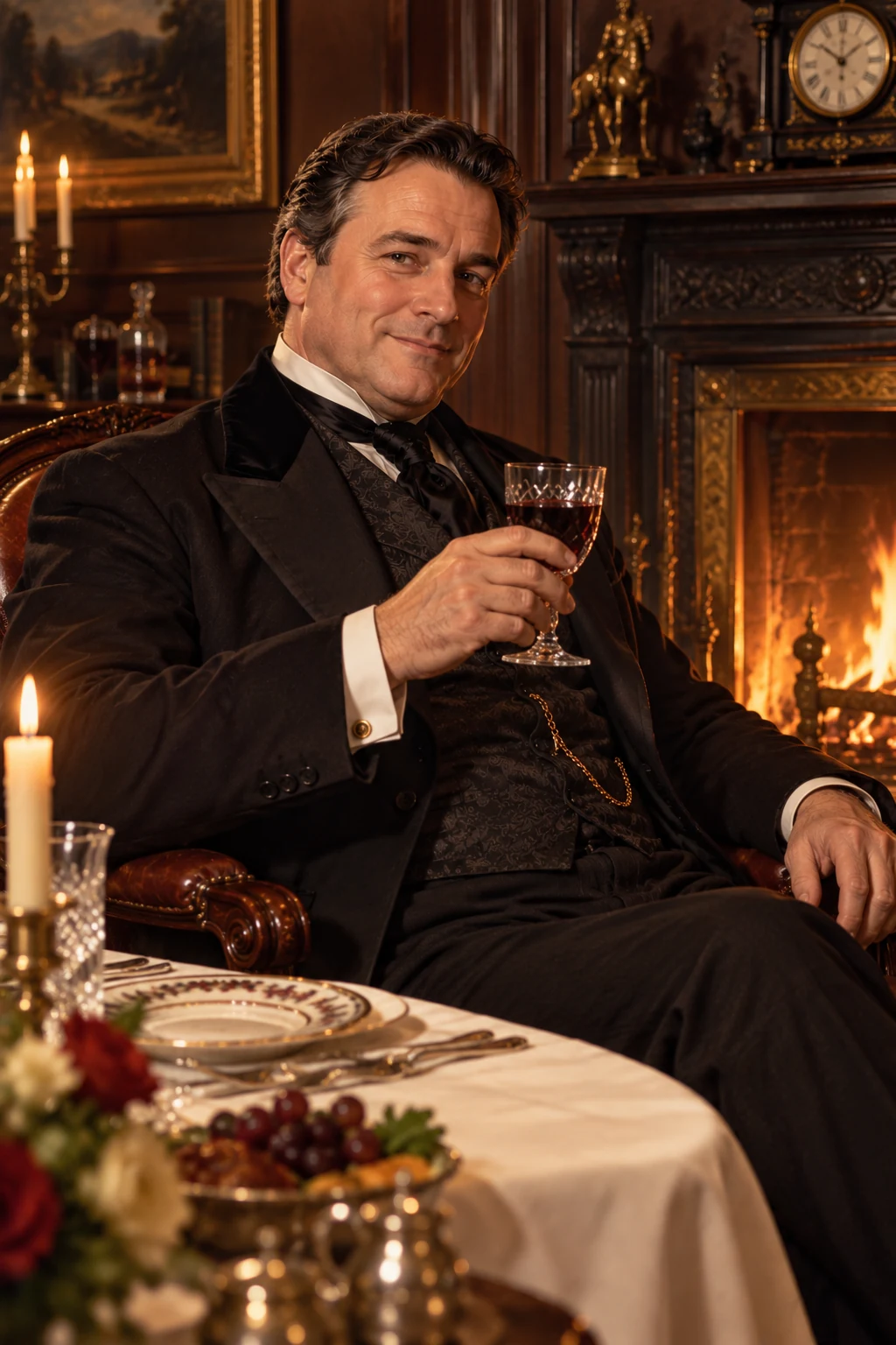 Portrait of Dr. Henry Jekyll built only from the novel's one physical passage: a large, well-made, smooth-faced man of fifty, seated by a fireside
