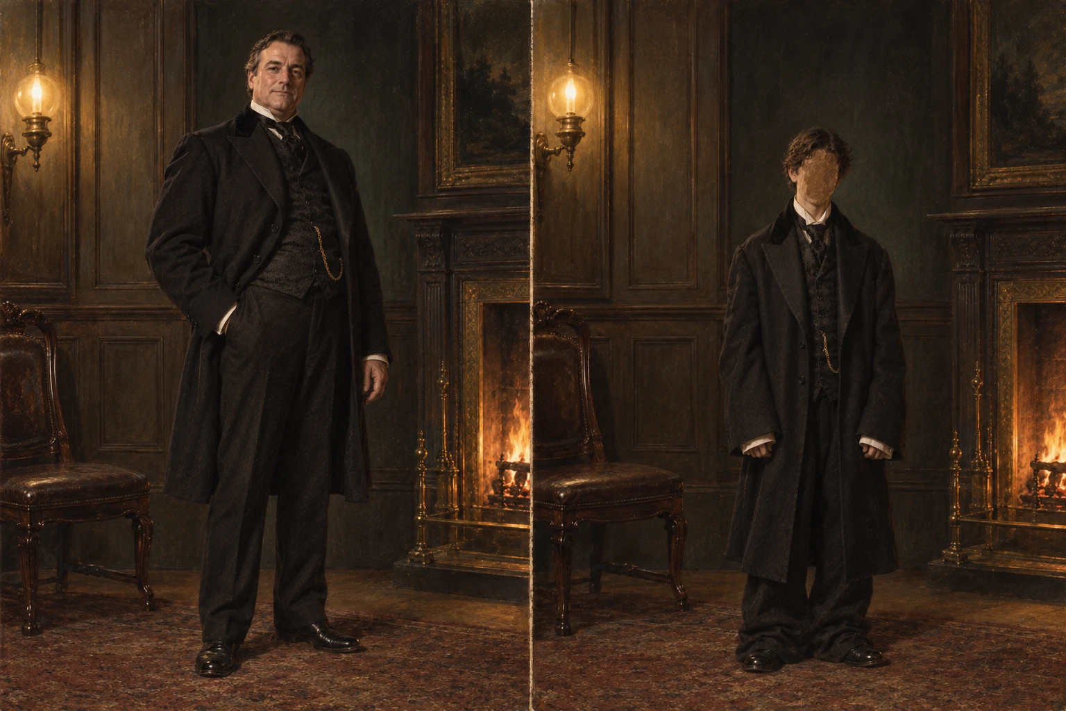 Side-by-side portrait of the same man's two states — Jekyll large and clearly featured on the left, Hyde small and young on the right in oversized clothes, his face left deliberately unfinished