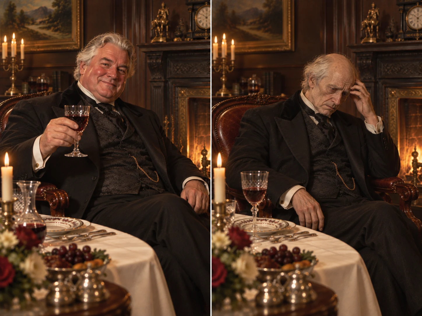 Two-panel portrait of Dr. Hastie Lanyon before and after witnessing the transformation — hearty and red-faced on the left, pale and hollowed on the right