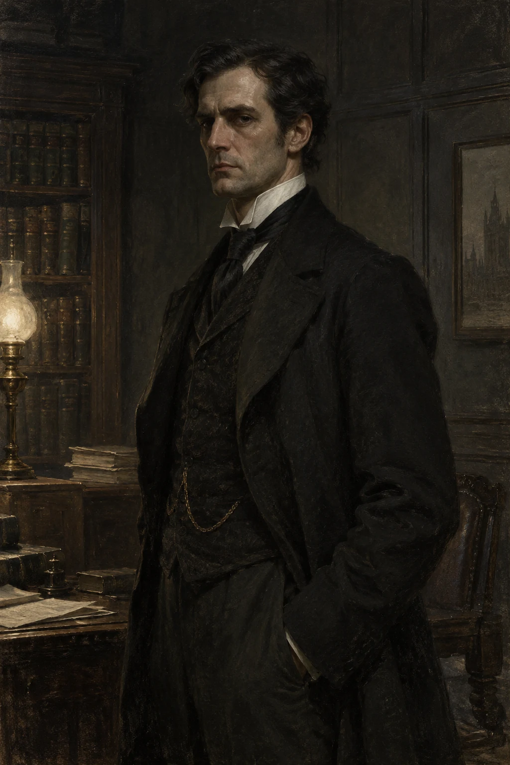 Portrait of Mr. Gabriel John Utterson built only from the text's temperament-based description — lean, long, dusty, dreary, a rugged face never lit by a smile