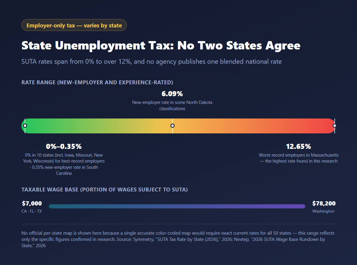 Range chart showing state unemployment tax (SUTA) rates from 0% in ten states to 12.65% in Massachusetts for worst-record employers, plus the taxable wage base spread from $7,000 to $78,200