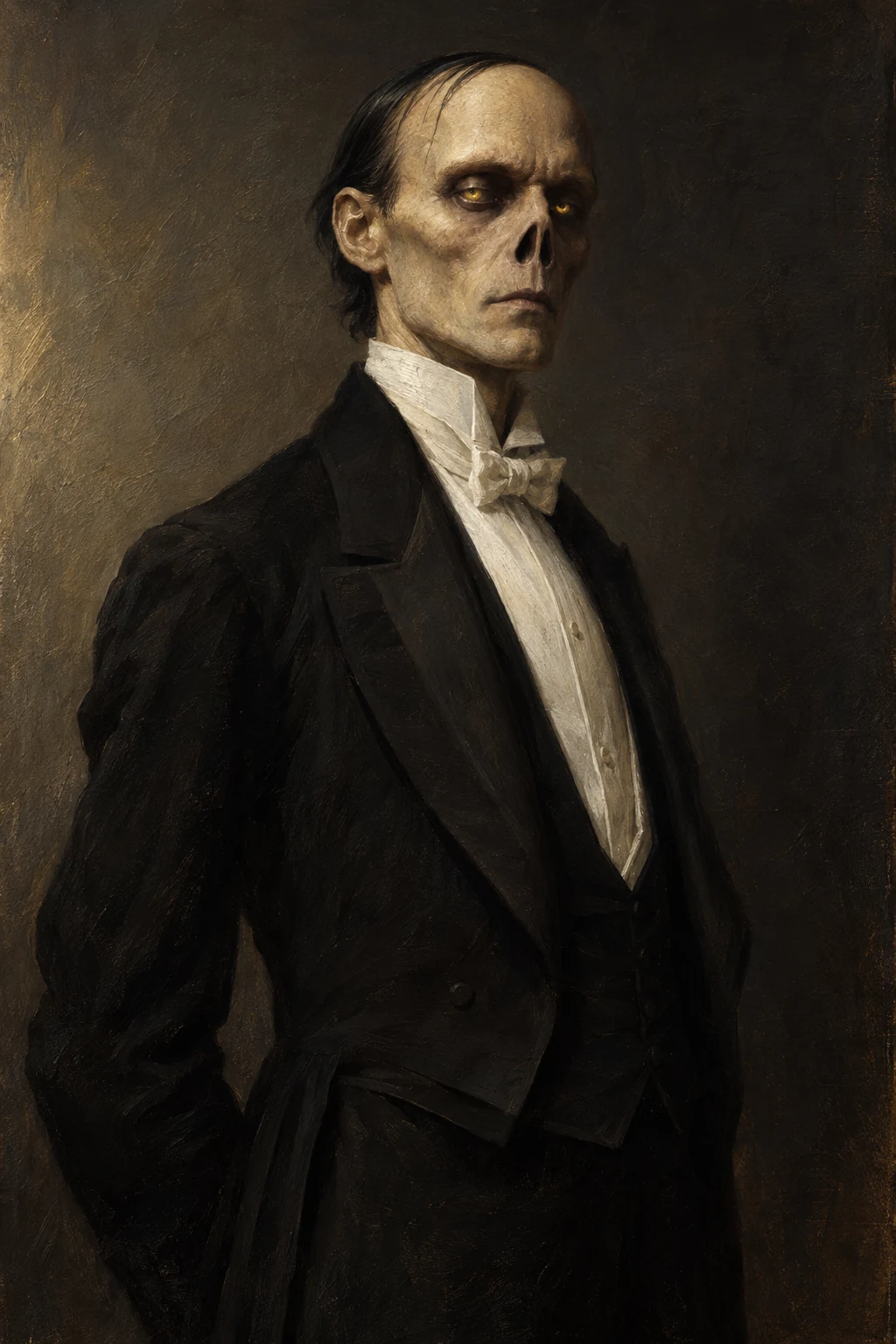Erik's face built only from Joseph Buquet's testimony in Chapter I — a skeletal frame, sunken dark eye sockets, sallow yellow skin stretched drumhead-tight, no nose, three or four long dark hair strands
