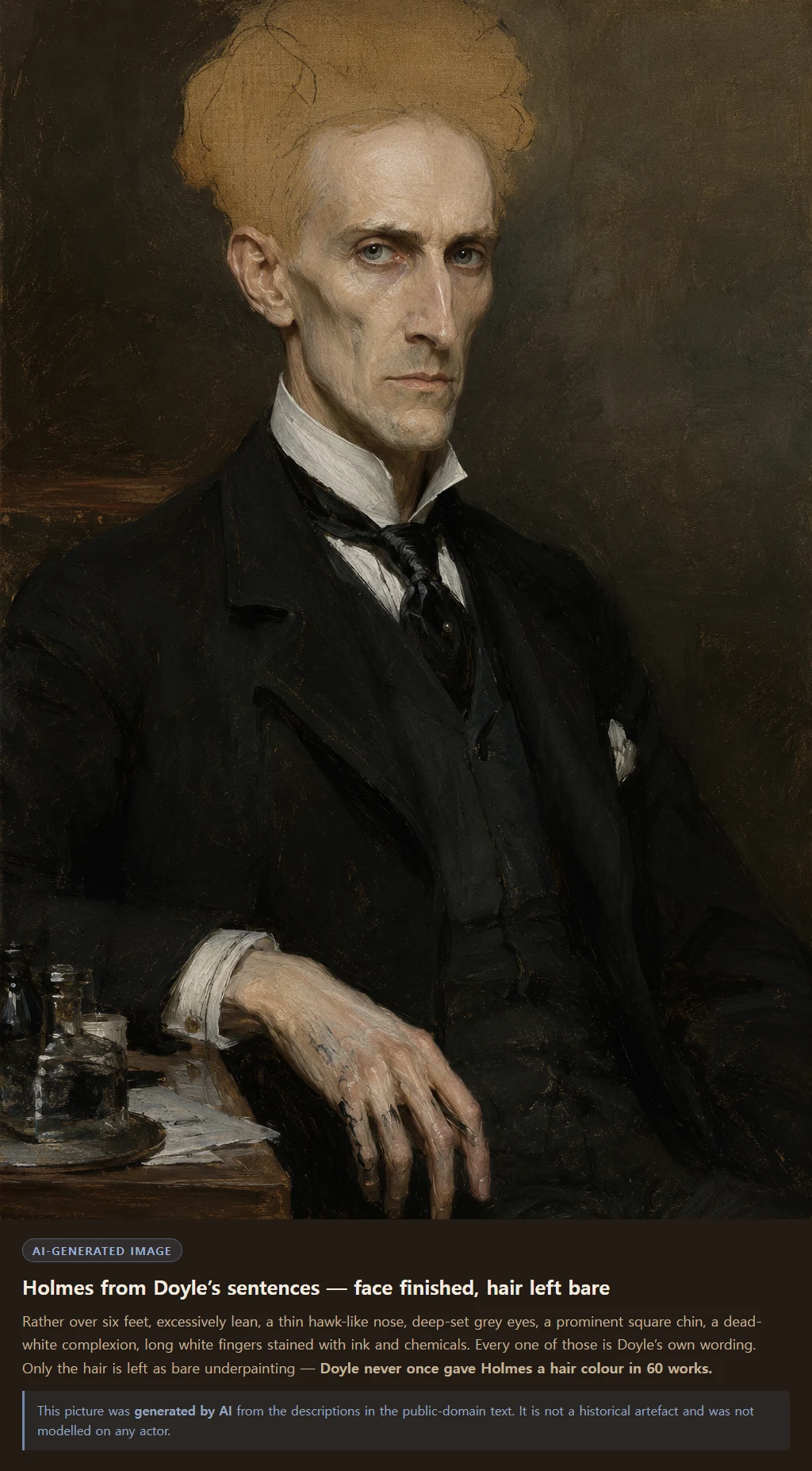 Sherlock Holmes drawn only from Conan Doyle's own sentences - gaunt build, thin hawk-like nose and deep-set grey eyes fully painted, with only the hair left as bare underpainting because Doyle never gave it a colour
