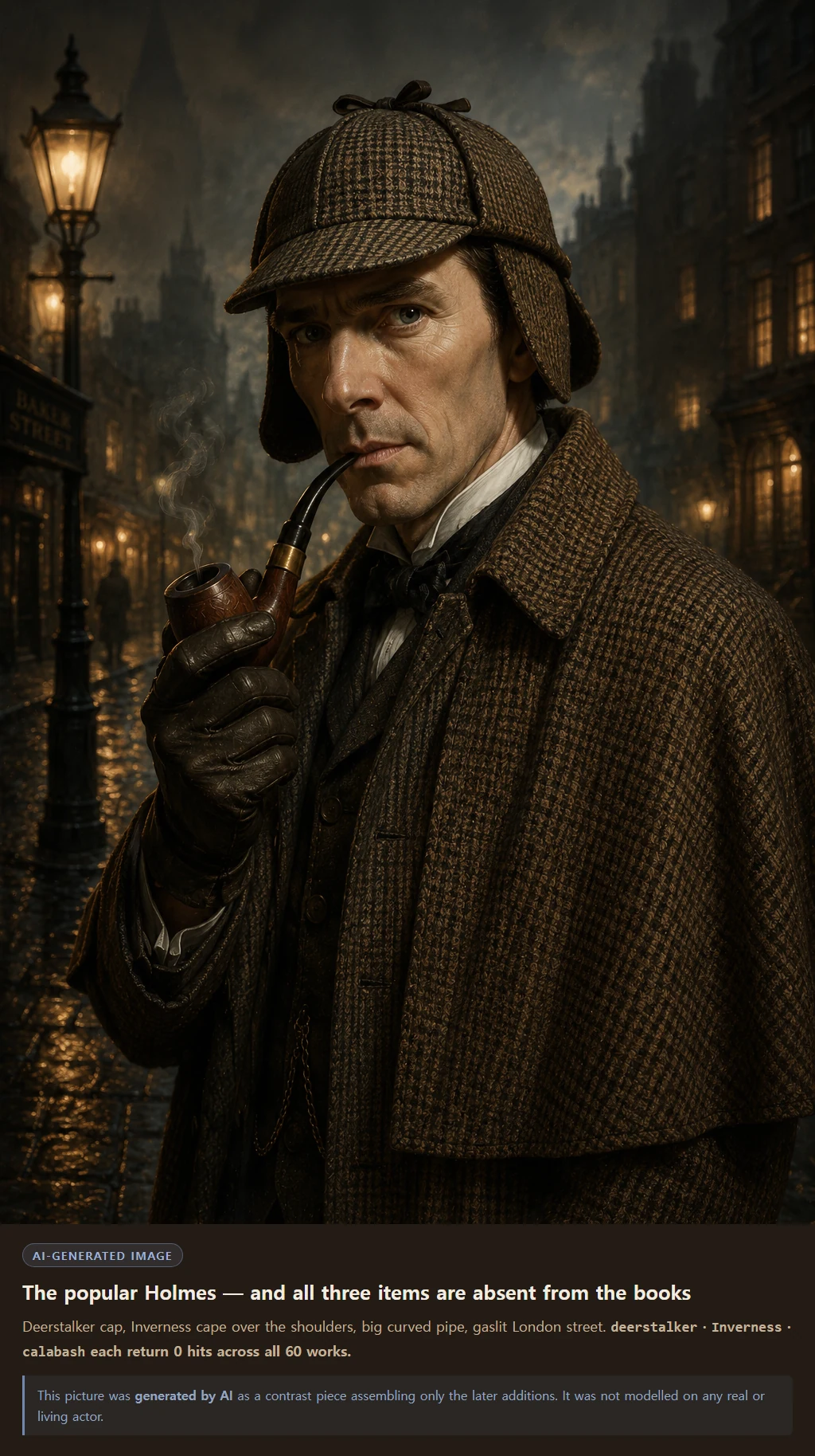 The popular image of Sherlock Holmes in a deerstalker and Inverness cape holding a curved pipe - all three appear zero times in Doyle's text