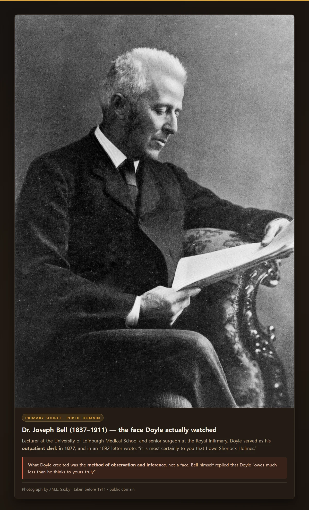 Photograph of Dr. Joseph Bell, the Edinburgh surgeon whose outpatient clerk Conan Doyle was in 1877 and whom Doyle credited in 1892 as the origin of Sherlock Holmes