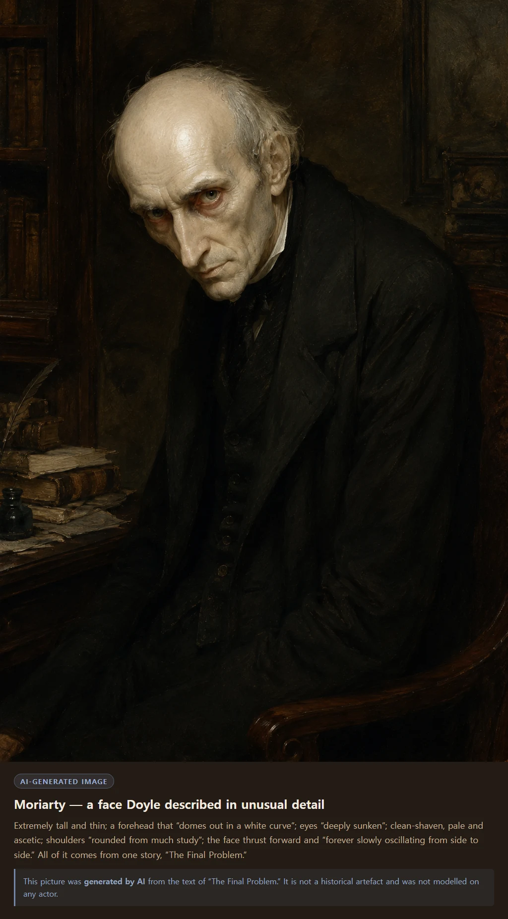 Professor Moriarty drawn from "The Final Problem" - a pale forehead doming out in a white curve, eyes sunk deep into the skull, shoulders rounded from a lifetime of study