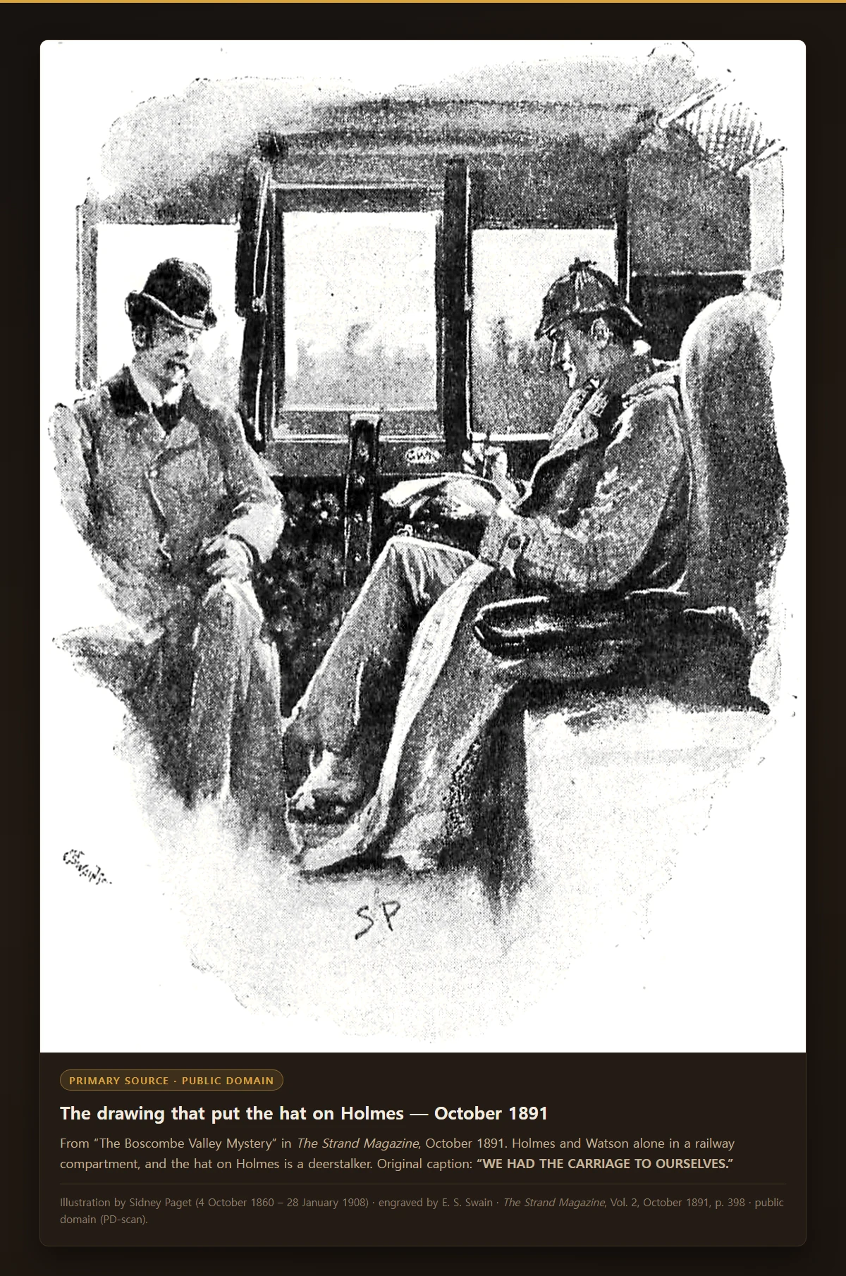 Sidney Paget's October 1891 Strand Magazine illustration for "The Boscombe Valley Mystery" - Holmes in a deerstalker seated opposite Watson in a railway compartment