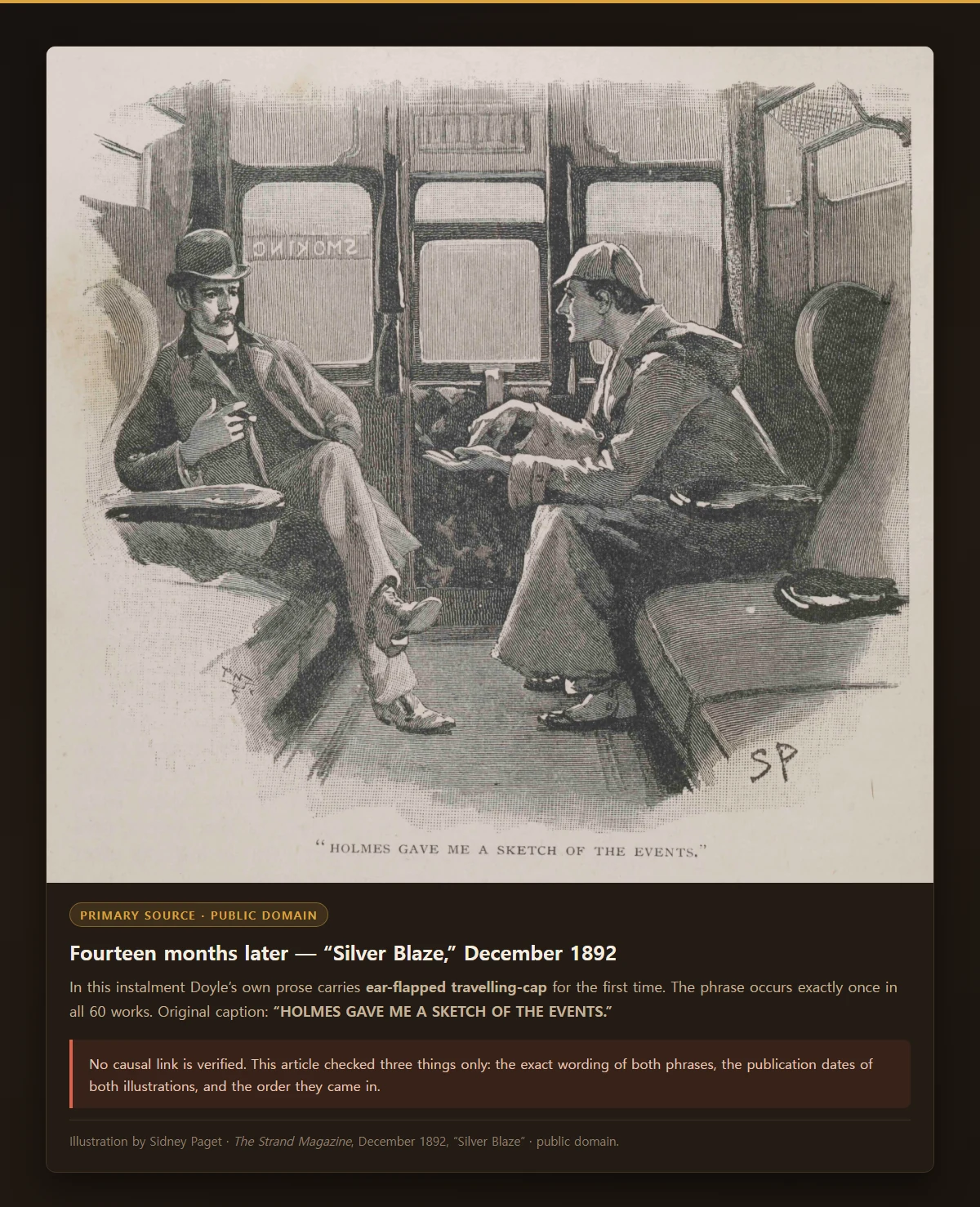 Sidney Paget's December 1892 Strand Magazine illustration for "Silver Blaze" - Holmes and Watson in a railway compartment, captioned "HOLMES GAVE ME A SKETCH OF THE EVENTS."