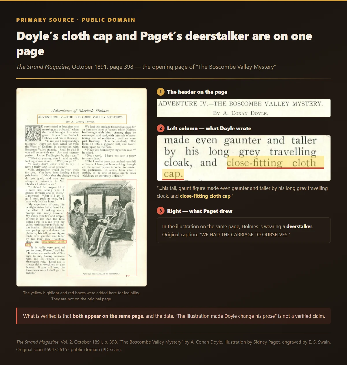 Page 398 of The Strand Magazine, October 1891, with Doyle's phrase "close-fitting cloth cap" in the left column beside Paget's drawing of Holmes in a deerstalker