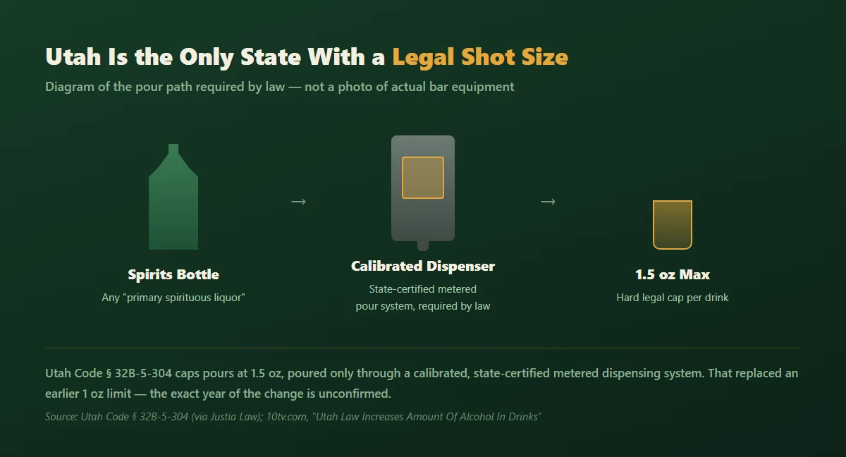 Diagram of Utah's required pour path: spirits bottle to calibrated metered dispenser to a 1.5 oz legal cap