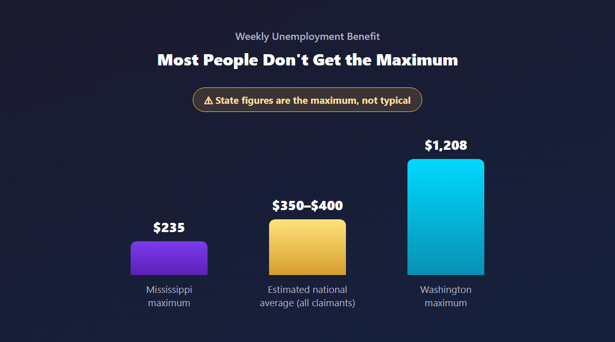 Bar chart comparing the estimated national average weekly unemployment benefit of $350-$400 against the Mississippi maximum of $235 and the Washington maximum of $1,208, labeled as maximums rather than typical payments