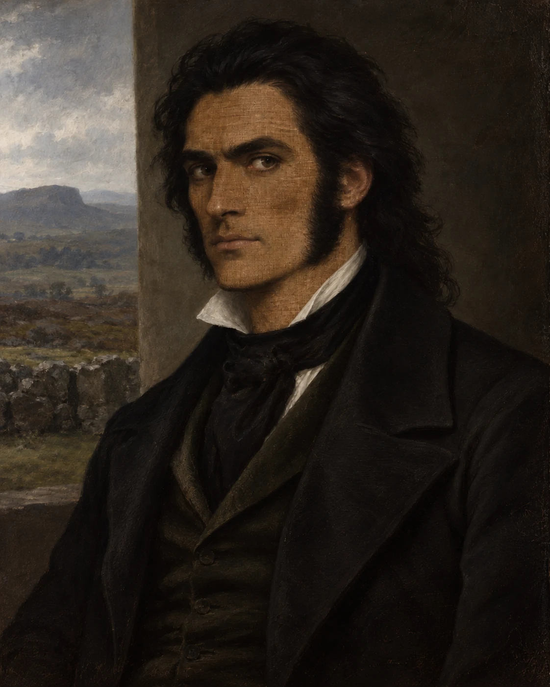 Portrait of the adult Heathcliff — eyes, brows, hair, whiskers and build all painted, with the skin left as bare underpainting
