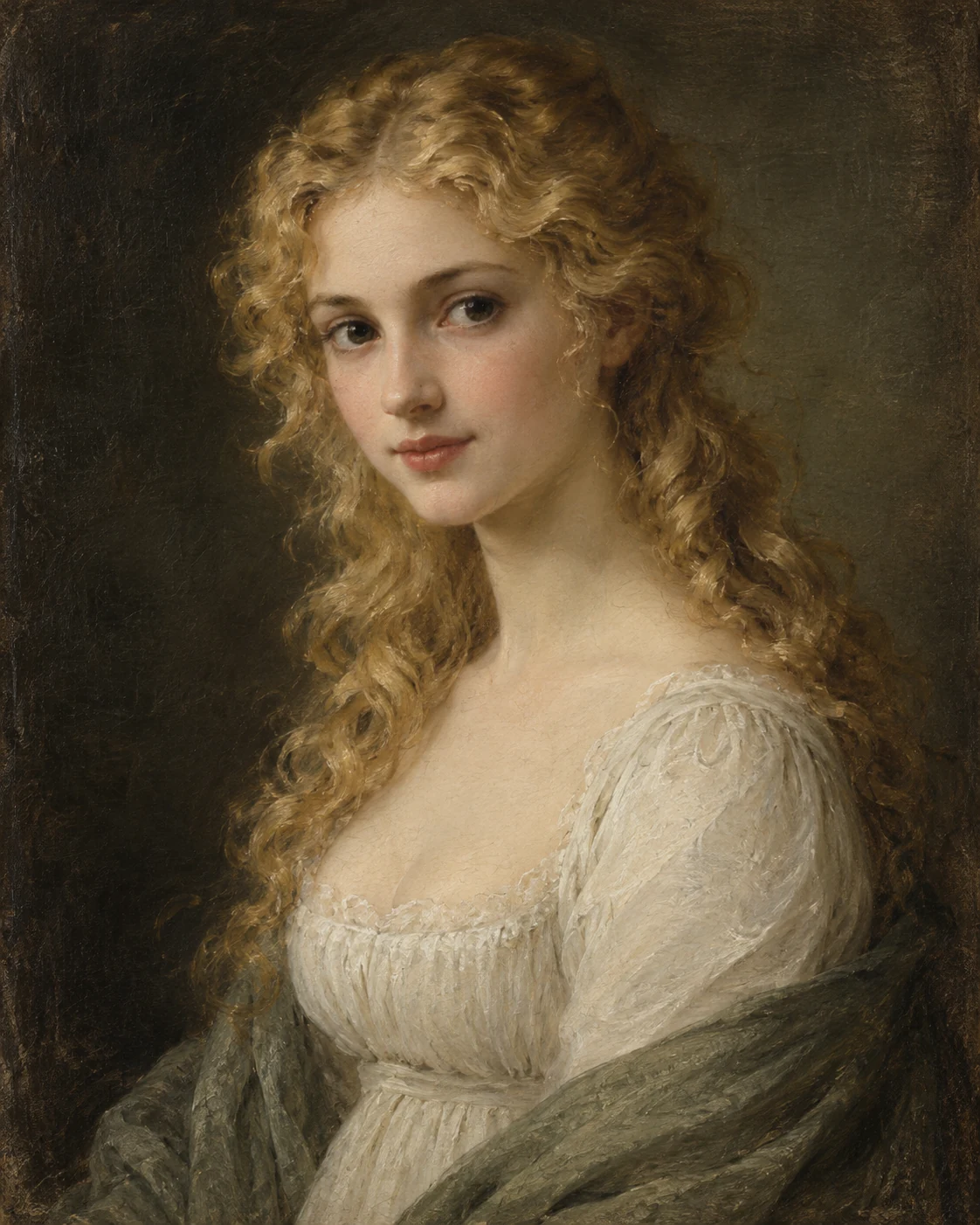 Portrait of young Catherine Linton — dark Earnshaw eyes, fair Linton skin and small features, yellow curling hair